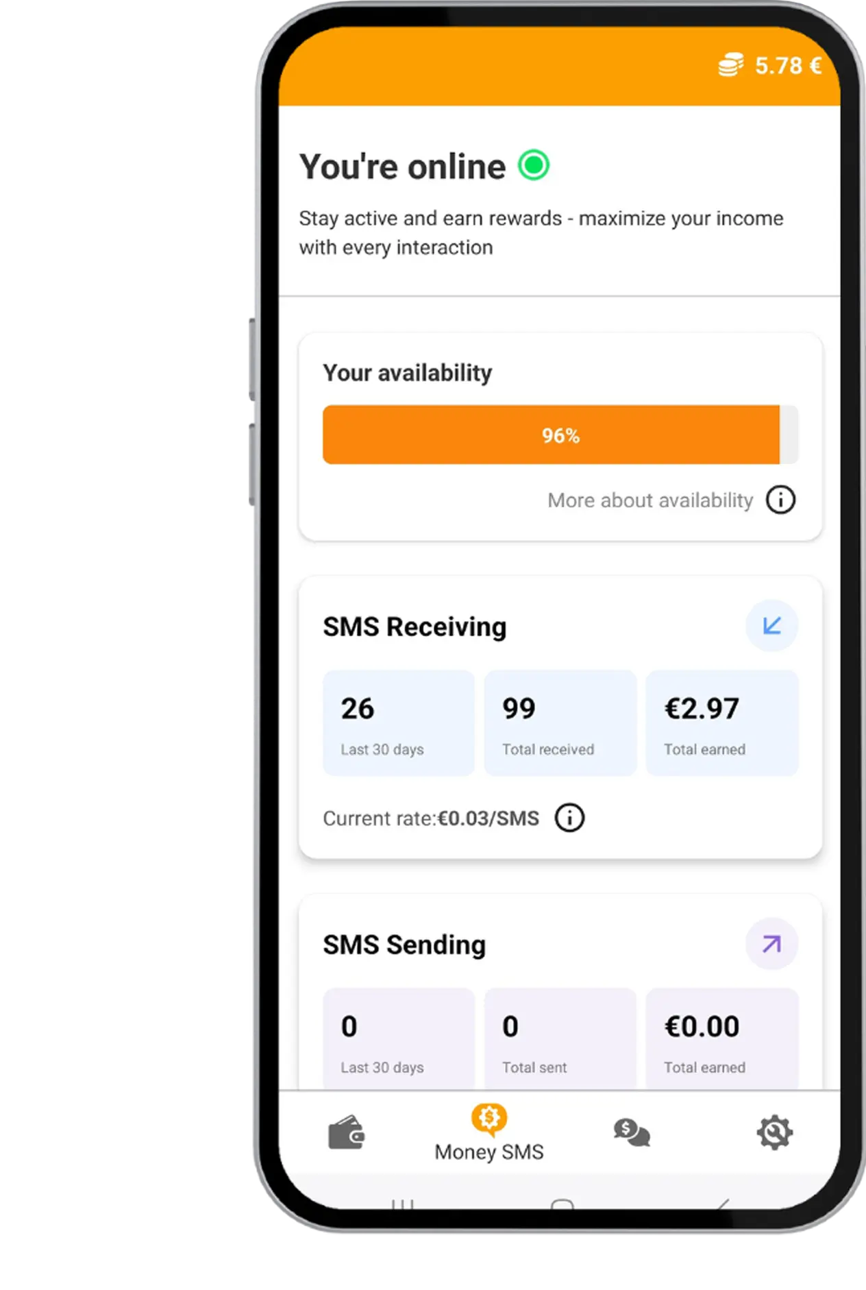 Blip SMS app showing earnings dashboard with SMS receiving stats and balance
