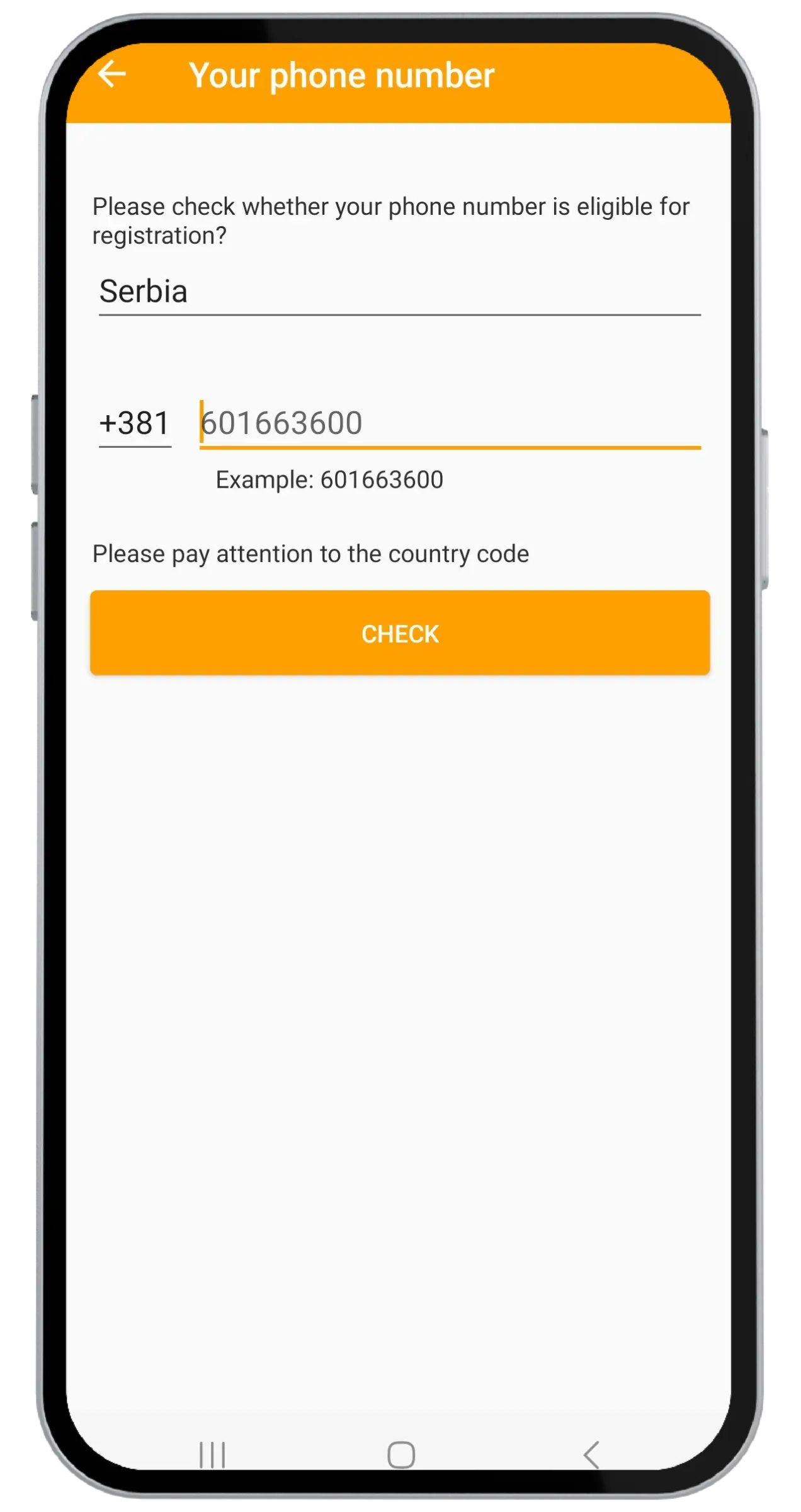 Phone number registration screen
